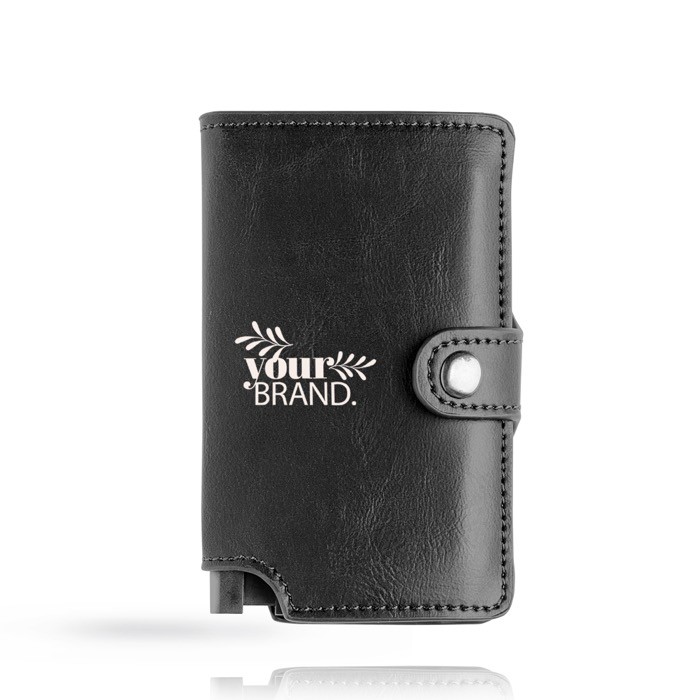 Cartera de cuero sintético con tarjetero automático con RFID color negro vista con logo impreso