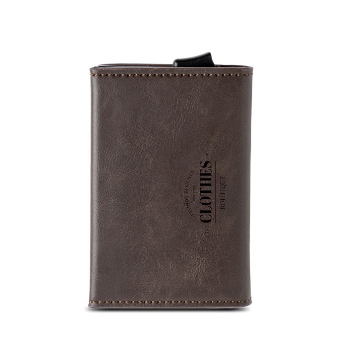 Monedero y tarjetero con protección RFID y acceso con un solo click vista con logo impreso Monedero y tarjetero con protección RFID y acceso con un solo click vista con logo impreso