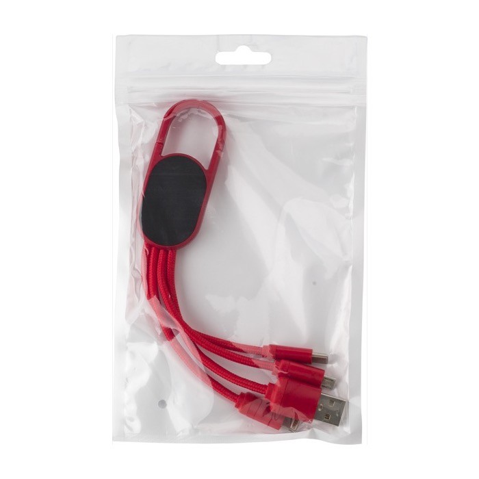 Set de cables de carga 4 en 1 con mosquetón y logotipo iluminado color rojo primera vista Set de cables de carga 4 en 1 con mosquetón y logotipo iluminado color rojo primera vista