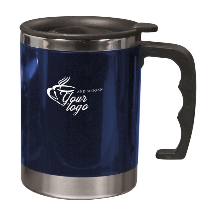 Taza térmica de acero inoxidable y tapa con cierre deslizante color azul segunda vista Taza térmica de acero inoxidable y tapa con cierre deslizante color azul segunda vista