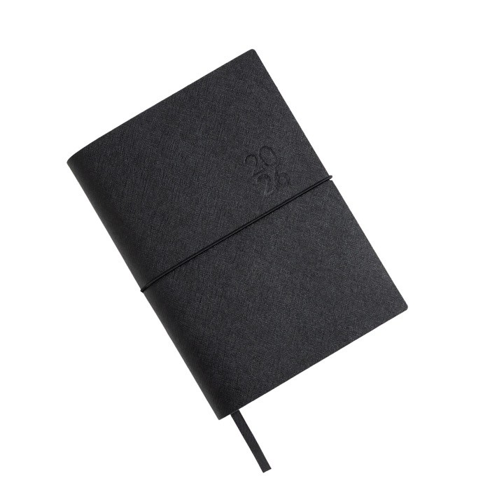 Agenda diaria en español y portugués con cierre elástico tubular A5 color negro vista 2 Agenda diaria en español y portugués con cierre elástico tubular A5 color negro vista 2