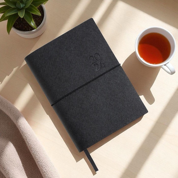 Agenda diaria en español y portugués con cierre elástico tubular A5 vista de ambiente Agenda diaria en español y portugués con cierre elástico tubular A5 vista de ambiente