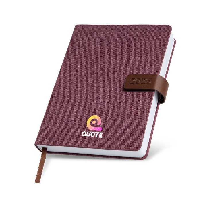 Agenda con vista diaria en español y portugués con cierre magnético A5 vista con logo impreso Agenda con vista diaria en español y portugués con cierre magnético A5 vista con logo impreso