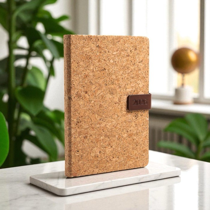 Agenda con vista diaria en español y portugués con tapa de corcho A5 vista 1 Agenda con vista diaria en español y portugués con tapa de corcho A5 vista 1