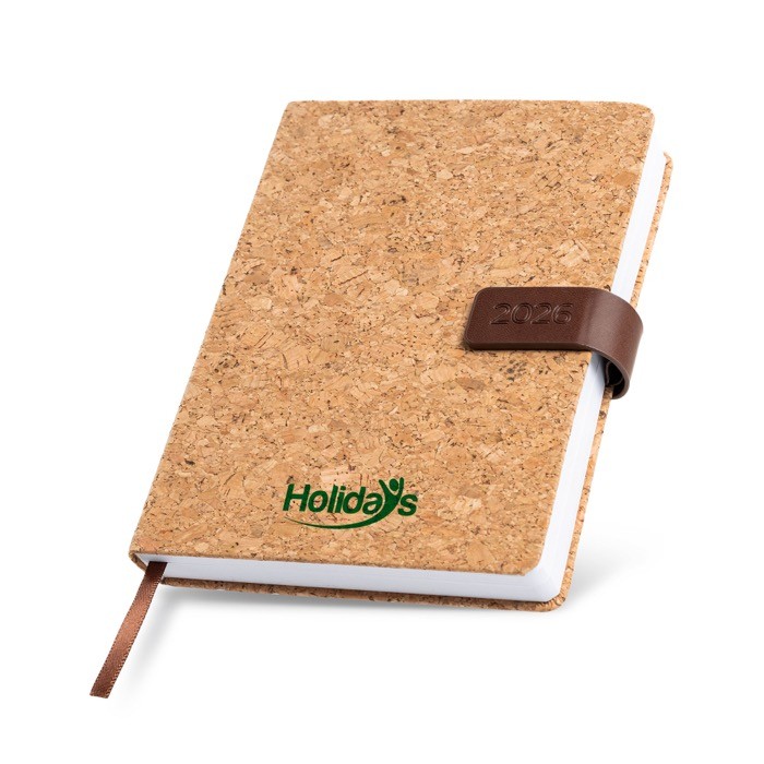 Agenda con vista diaria en español y portugués con tapa de corcho A5 vista con logo impreso Agenda con vista diaria en español y portugués con tapa de corcho A5 vista con logo impreso