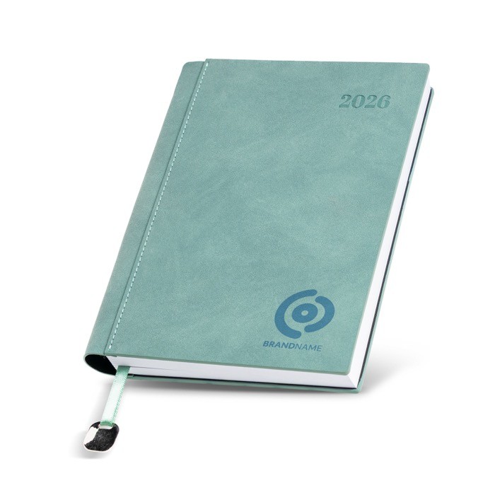 Agenda diaria en español y portugués con funda de tacto de ante A5 vista con logo impreso Agenda diaria en español y portugués con funda de tacto de ante A5 vista con logo impreso