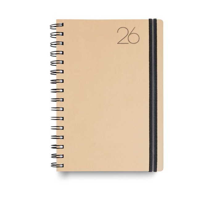 Agenda diaria en español y portugués con funda de piel PU y doble anilla A5 color beige Agenda diaria en español y portugués con funda de piel PU y doble anilla A5 color beige
