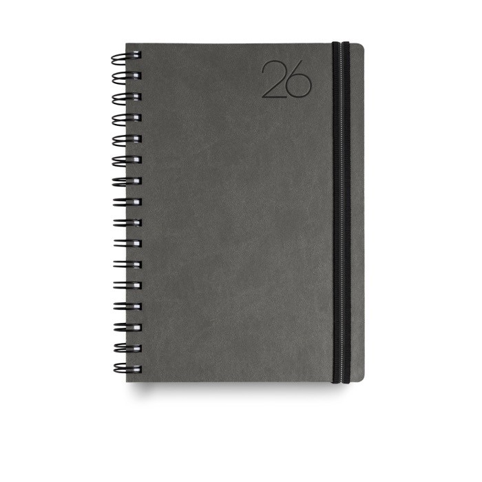 Agenda diaria en español y portugués con funda de piel PU y doble anilla A5 color gris oscuro Agenda diaria en español y portugués con funda de piel PU y doble anilla A5 color gris oscuro