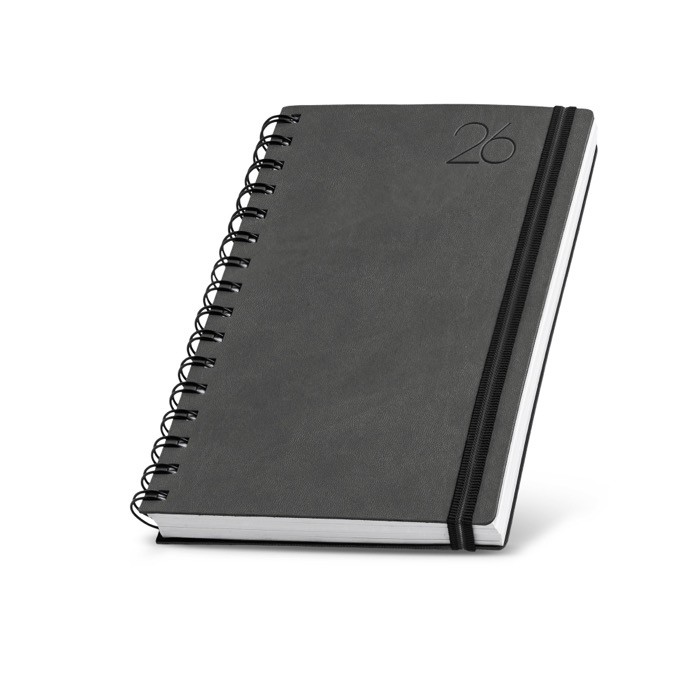 Agenda diaria en español y portugués con funda de piel PU y doble anilla A5 color gris oscuro vista 1 Agenda diaria en español y portugués con funda de piel PU y doble anilla A5 color gris oscuro vista 1