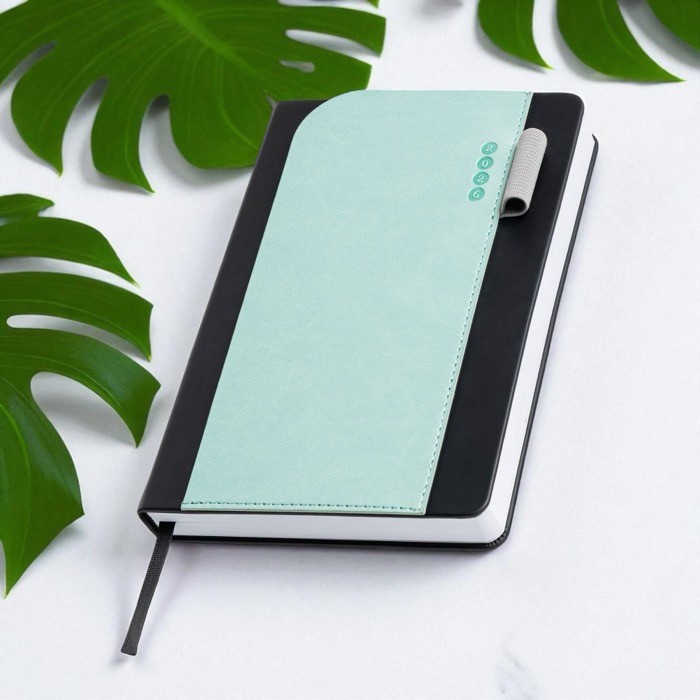 Agenda diaria en español y portugués con soporte para bolígrafo A5 color verde claro vista de ambiente Agenda diaria en español y portugués con soporte para bolígrafo A5 color verde claro vista de ambiente