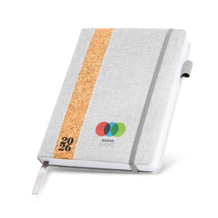 Agenda diaria en español y portugués con funda de lino y corcho A5 vista con logo impreso Agenda diaria en español y portugués con funda de lino y corcho A5 vista con logo impreso