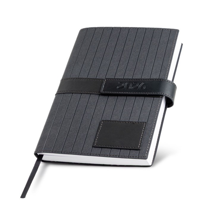 Agenda con vista diaria en español y portugués con cinta a juego A5 color negro vista 1 Agenda con vista diaria en español y portugués con cinta a juego A5 color negro vista 1