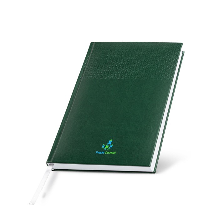 Agenda diaria con cinta plateada en español y portugués y cubierta de PU A5 vista con logo impreso Agenda diaria con cinta plateada en español y portugués y cubierta de PU A5 vista con logo impreso