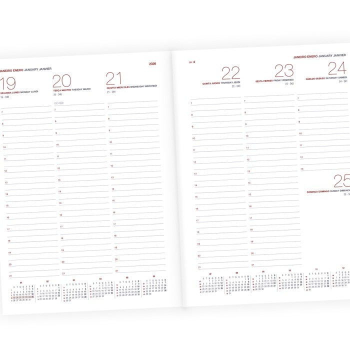 Agenda con vista semanal en español y portugués y páginas de papel marfil A5+ Agenda con vista semanal en español y portugués y páginas de papel marfil A5+