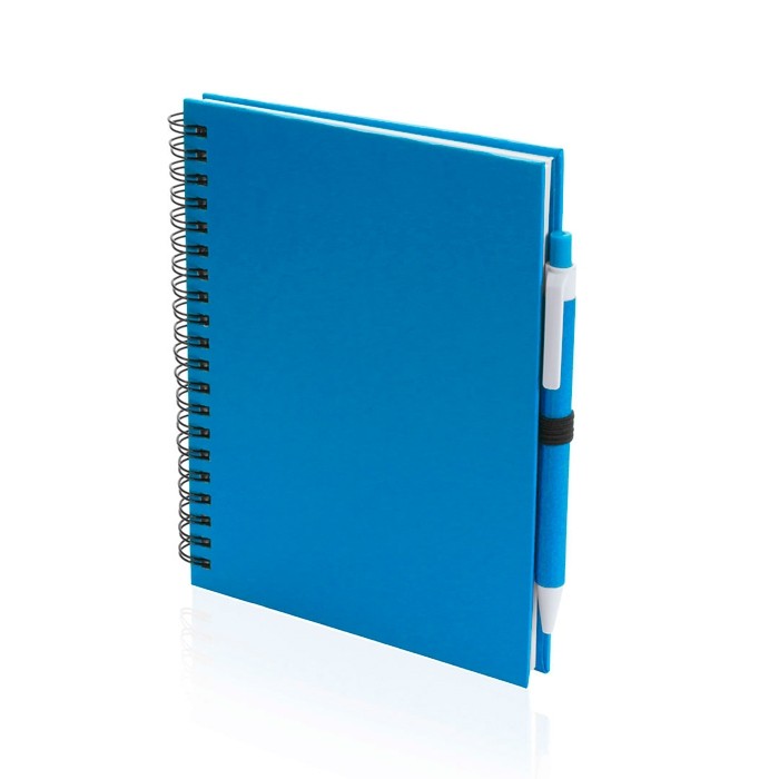 Cuadernos promocionales A5 con anillas y boli color azul
