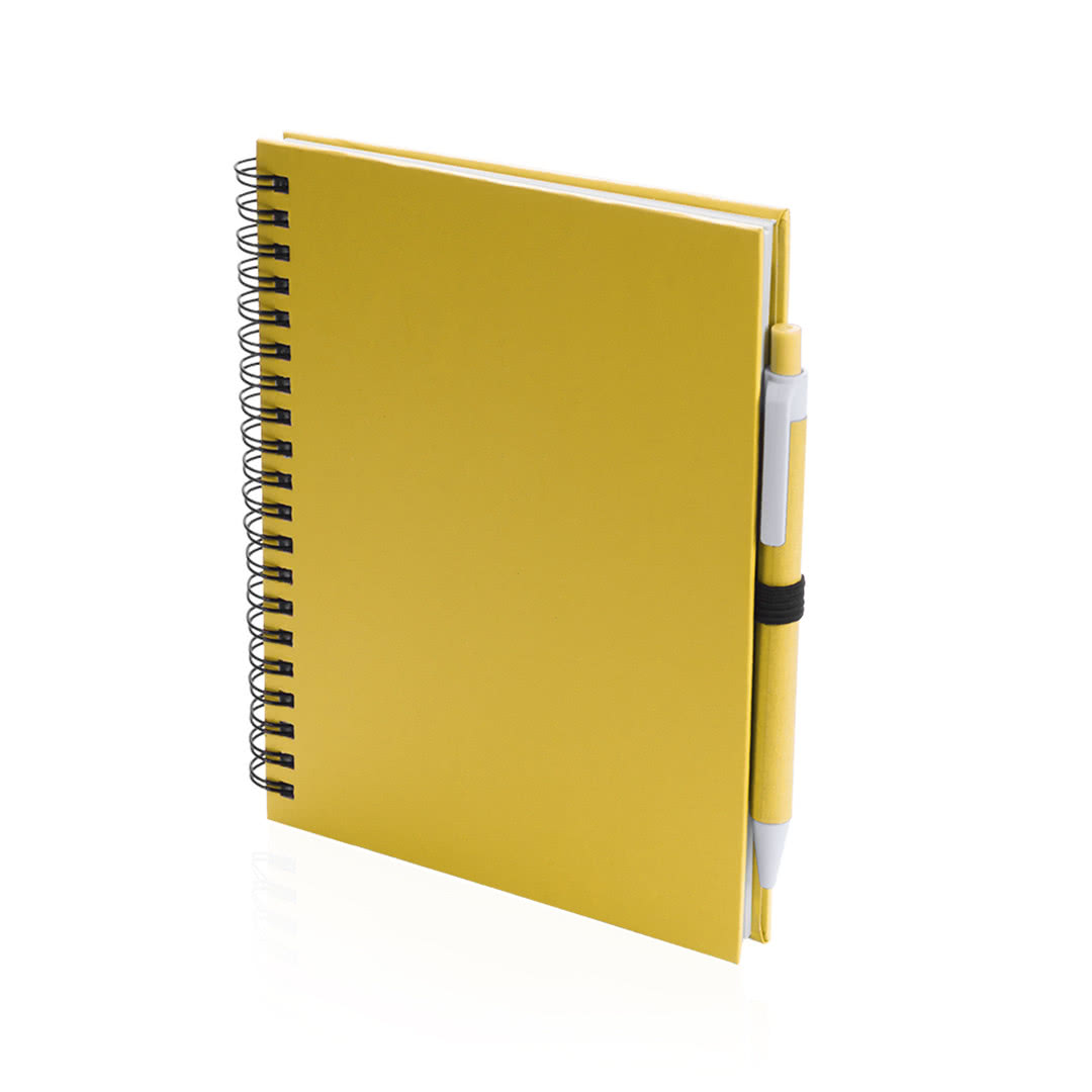 Cuadernos promocionales A5 con anillas y boli color amarillo