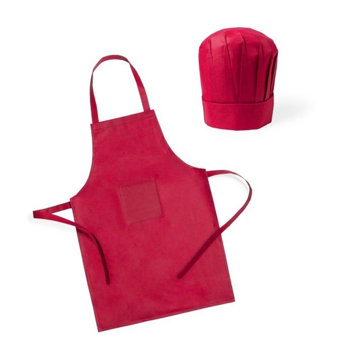 Set de delantal y gorro de cocina de non-woven para niños color rojo primera vista