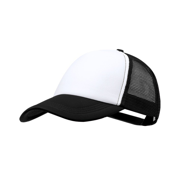 Gorra de poliéster estilo trucker de 5 paneles con cierre ajustable color negro primera vista