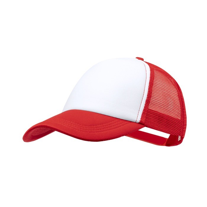Gorra de poliéster estilo trucker de 5 paneles con cierre ajustable color rojo primera vista