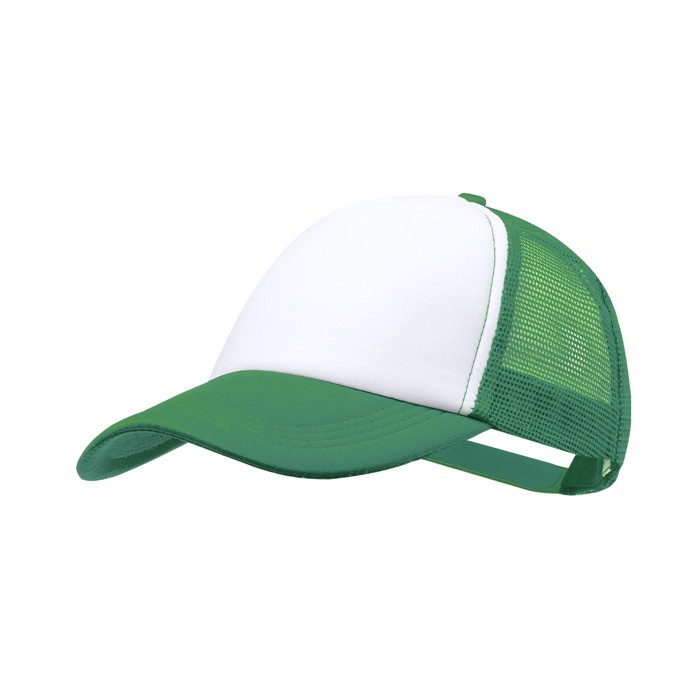 Gorra de poliéster estilo trucker de 5 paneles con cierre ajustable color verde primera vista