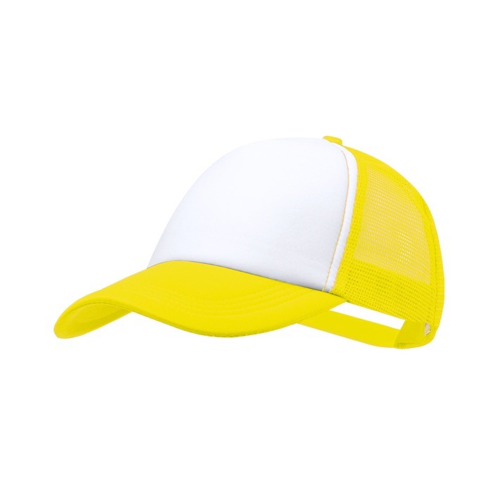 Gorra de poliéster estilo trucker de 5 paneles con cierre ajustable color amarillo primera vista