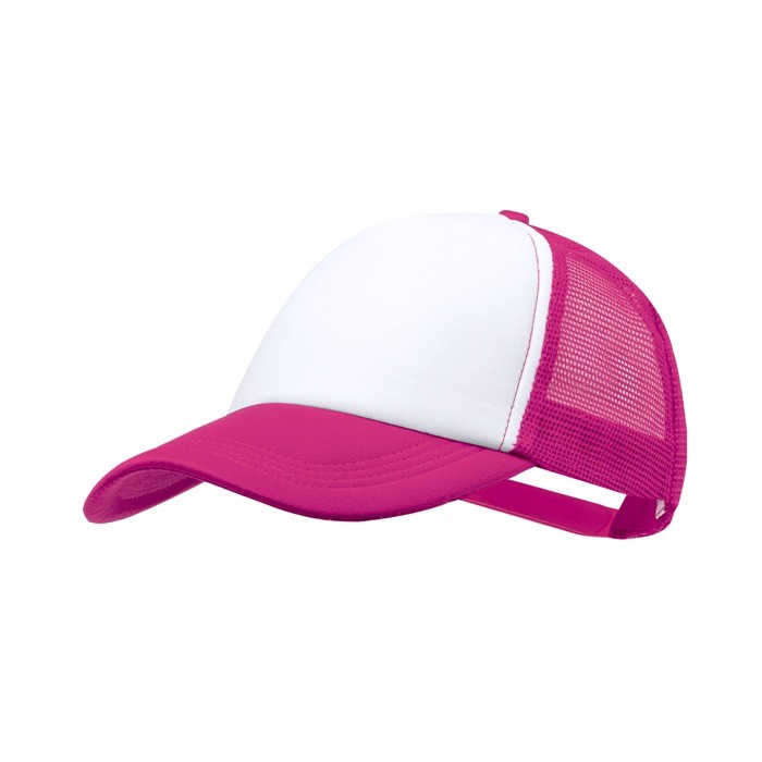 Gorra de poliéster estilo trucker de 5 paneles con cierre ajustable color fucsia primera vista