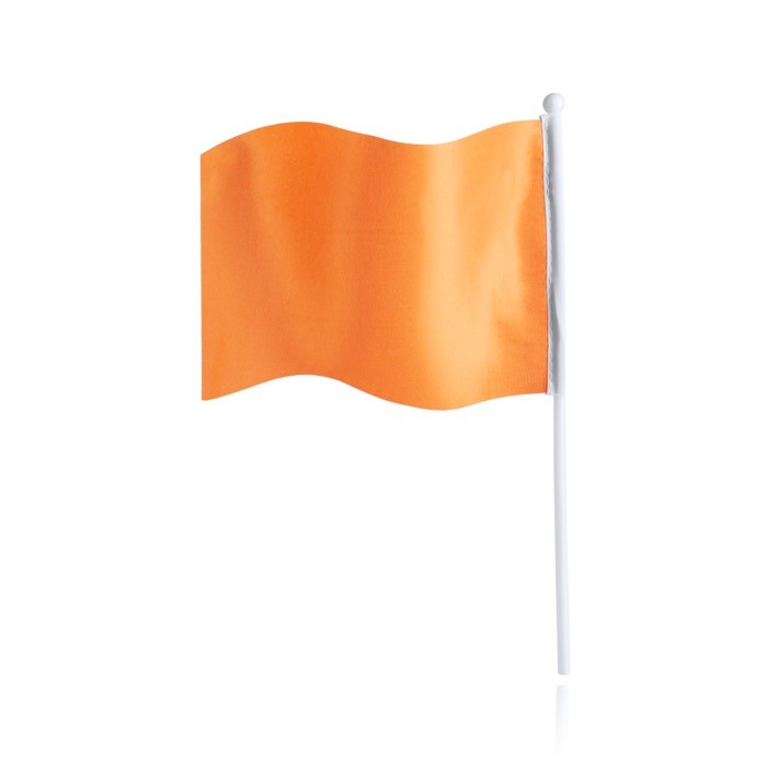 Banderín rectangular de poliéster con palo blanco color naranja vista con logo