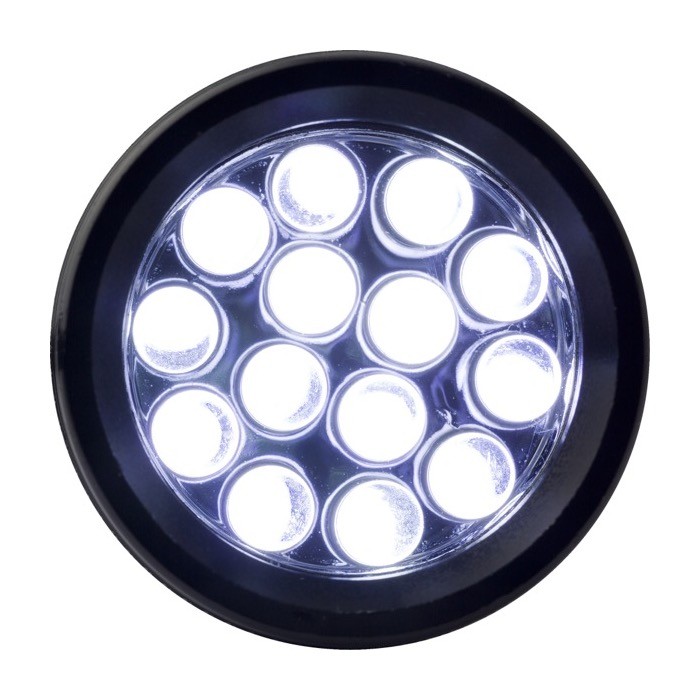 Linterna de aluminio y caucho con 14 LED y pilas incluidas color negro cuarta vista Linterna de aluminio y caucho con 14 LED y pilas incluidas color negro cuarta vista