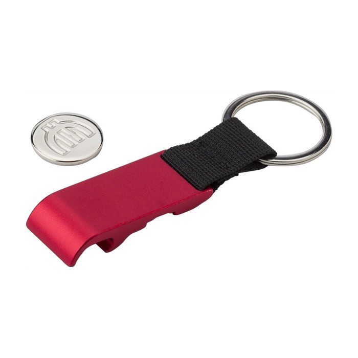 Llavero de metal abrebotellas con moneda para el carro de la compra color rojo primera vista Llavero de metal abrebotellas con moneda para el carro de la compra color rojo primera vista