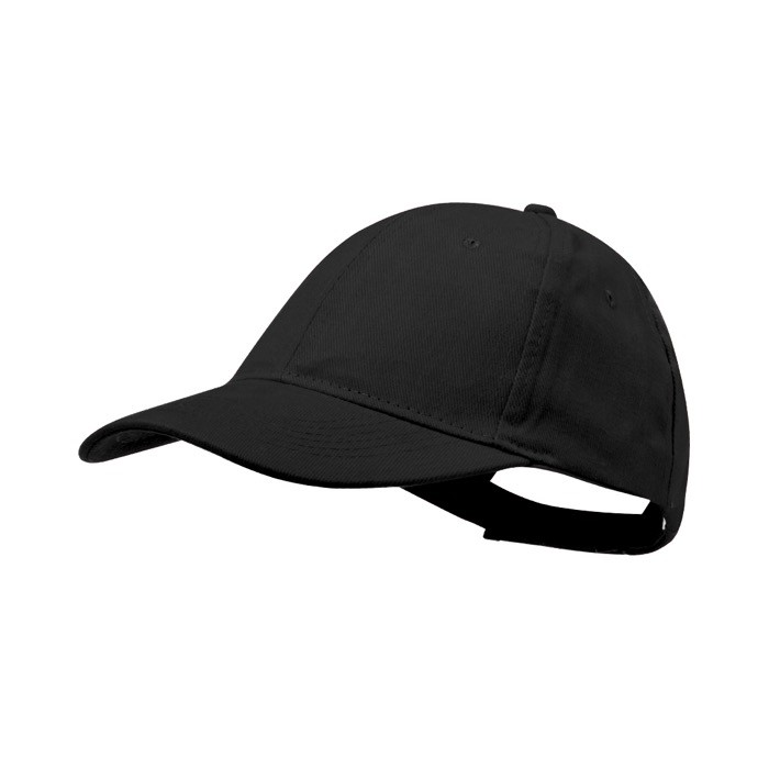 Gorra de 6 paneles de algodón peinado con cierre de velcro color negro primera vista
