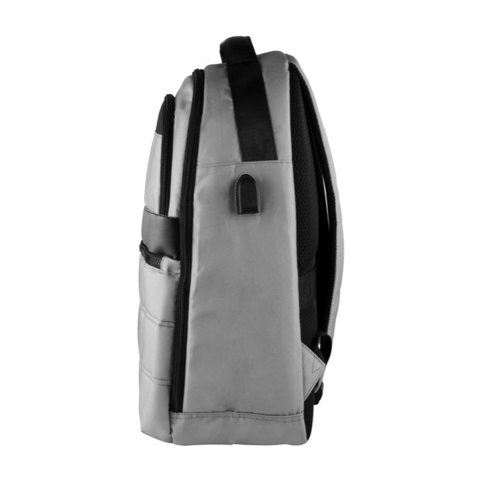 Mochila de RPET acolchada para portátil con banda para trolley 15'' color gris cuarta vista Mochila de RPET acolchada para portátil con banda para trolley 15'' color gris cuarta vista