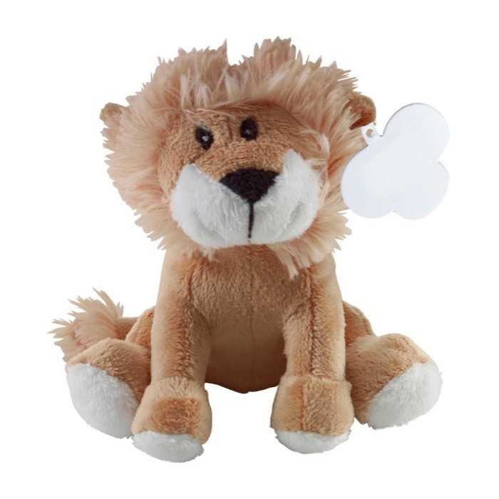 Peluche en forma de león sentado con etiqueta personalizable color marrón primera vista Peluche en forma de león sentado con etiqueta personalizable color marrón primera vista
