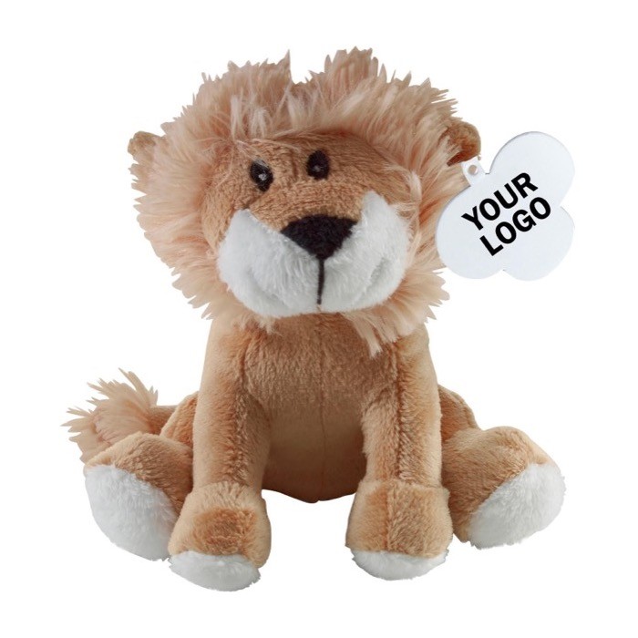 Peluche en forma de león sentado con etiqueta personalizable primera vista Peluche en forma de león sentado con etiqueta personalizable primera vista