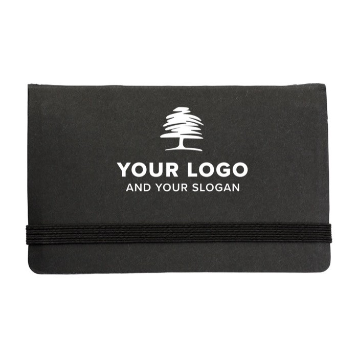 Porta memos de cartón con cierre elástico y bolsillo para tarjetas color negro tercera vista