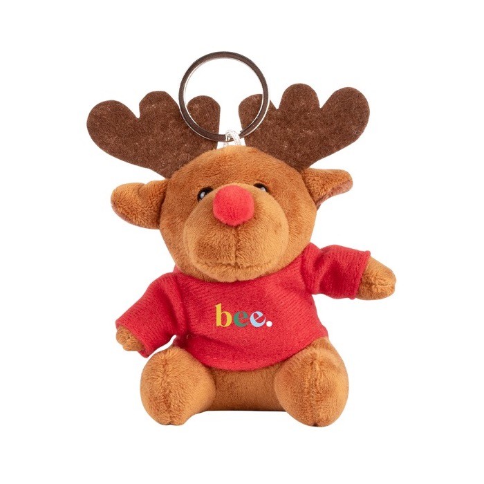 Llavero peluche navideño en forma de reno con camiseta personalizable color rojo primera vista Llavero peluche navideño en forma de reno con camiseta personalizable color rojo primera vista