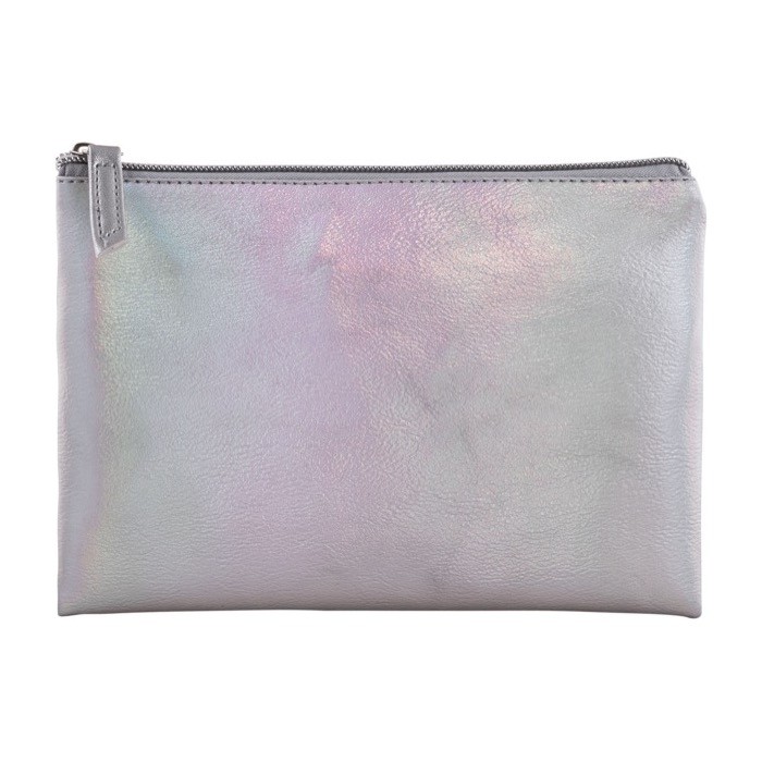 Moderno neceser de PU con efecto tornasol y tirador a juego color translúcido primera vista Moderno neceser de PU con efecto tornasol y tirador a juego color translúcido primera vista
