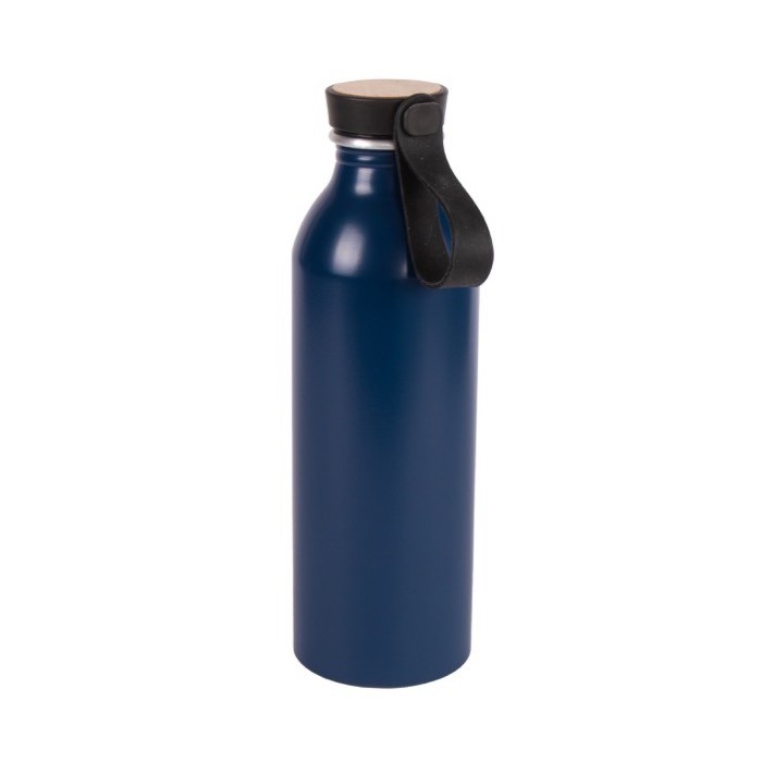 Botella de aluminio reciclado con detalle de madera en el tapón 550ml color azul tercera vista Botella de aluminio reciclado con detalle de madera en el tapón 550ml color azul tercera vista
