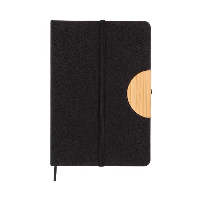 Libreta ecológica con tapa de RPET y soporte para móvil A5 hojas lisas color negro cuarta vista Libreta ecológica con tapa de RPET y soporte para móvil A5 hojas lisas color negro cuarta vista