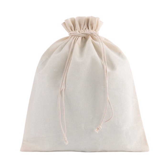 Bolsa mediana de algodón reciclado con cordones de cierre 120 g/m2 color natural primera vista
