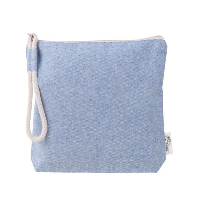 Neceser de algodón reciclado color pastel con muñequera de cuerda color azul primera vista Neceser de algodón reciclado color pastel con muñequera de cuerda color azul primera vista