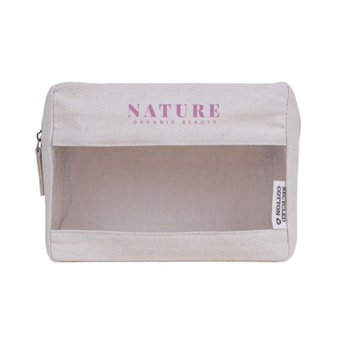 Neceser de canvas reciclado color natural con rejilla en parte frontal color natural cuarta vista Neceser de canvas reciclado color natural con rejilla en parte frontal color natural cuarta vista