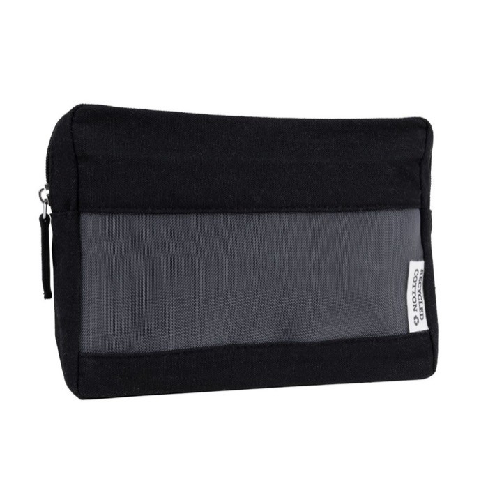 Neceser de canvas reciclado con rejilla en la parte frontal color negro segunda vista Neceser de canvas reciclado con rejilla en la parte frontal color negro segunda vista