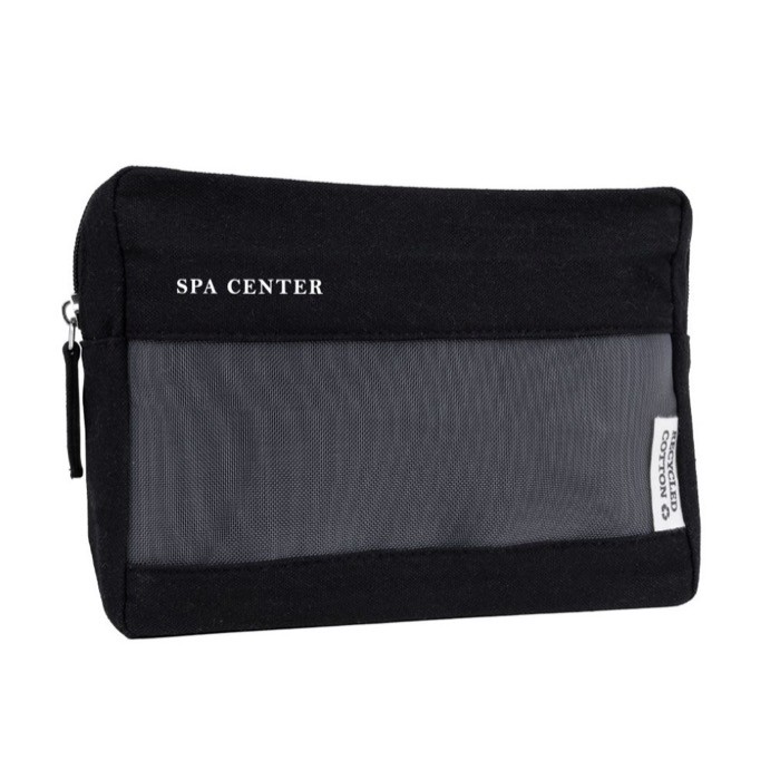 Neceser de canvas reciclado con rejilla en la parte frontal color negro tercera vista Neceser de canvas reciclado con rejilla en la parte frontal color negro tercera vista