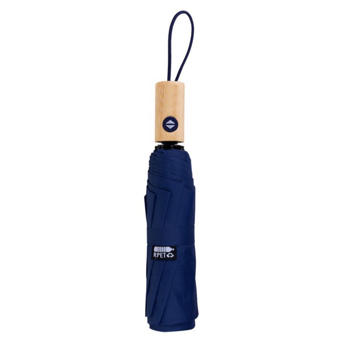 Paraguas antiviento de pongee RPET con mango de bambú Ø97 color azul marino cuarta vista Paraguas antiviento de pongee RPET con mango de bambú Ø97 color azul marino cuarta vista