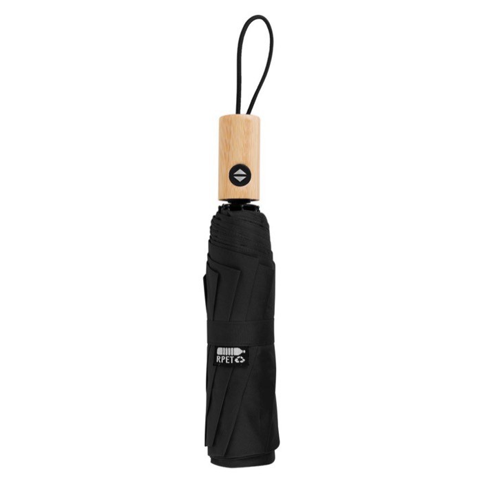 Paraguas antiviento de pongee RPET con mango de bambú Ø97 color negro cuarta vista Paraguas antiviento de pongee RPET con mango de bambú Ø97 color negro cuarta vista