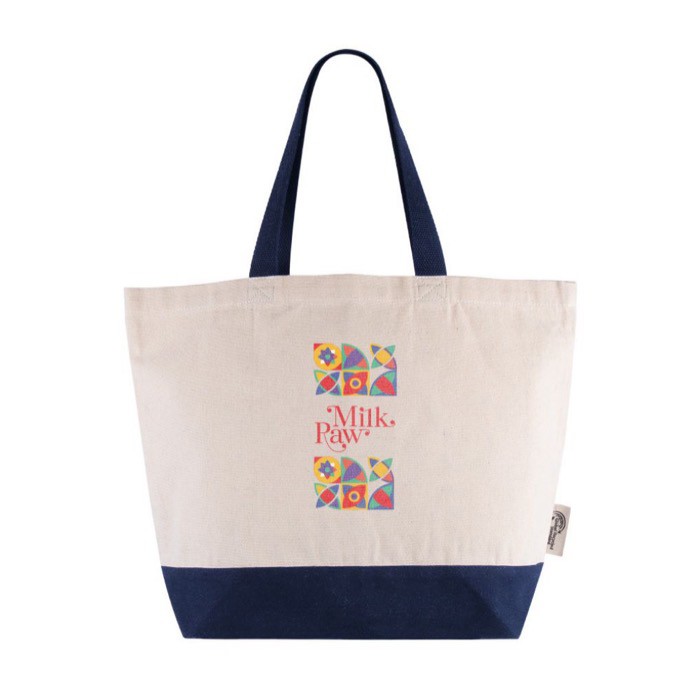 Bolsa de algodón reciclado con asa y base de colores 320 g/m2 color azul tercera vista Bolsa de algodón reciclado con asa y base de colores 320 g/m2 color azul tercera vista