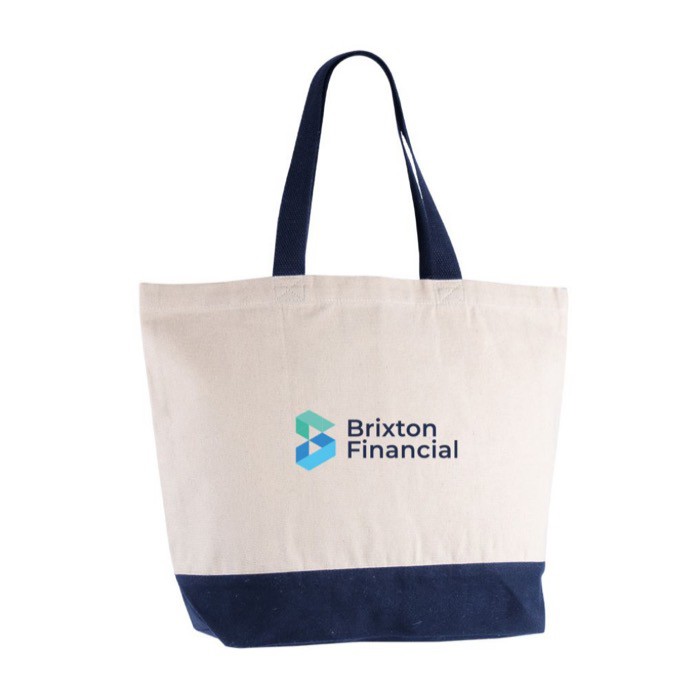 Bolsa de algodón reciclado con asa y base de colores 320 g/m2 color azul cuarta vista Bolsa de algodón reciclado con asa y base de colores 320 g/m2 color azul cuarta vista