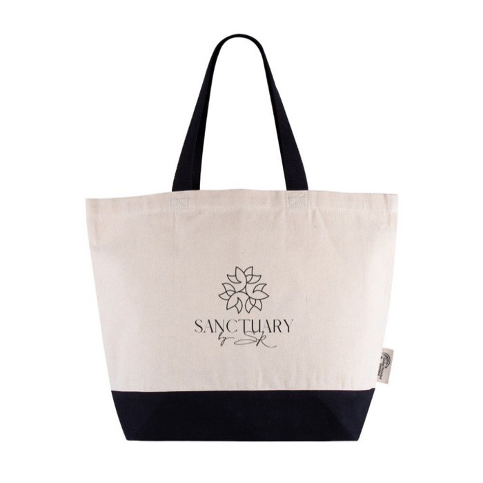 Bolsa de algodón reciclado con asa y base de colores 320 g/m2 color negro tercera vista Bolsa de algodón reciclado con asa y base de colores 320 g/m2 color negro tercera vista