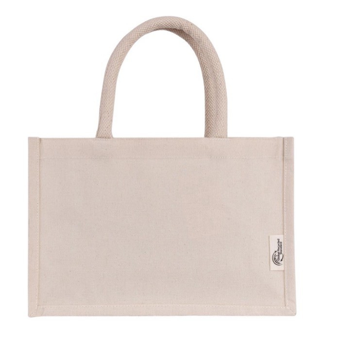 Bolsa pequeña de algodón reciclado para personalizar con asa corta color natural primera vista Bolsa pequeña de algodón reciclado para personalizar con asa corta color natural primera vista