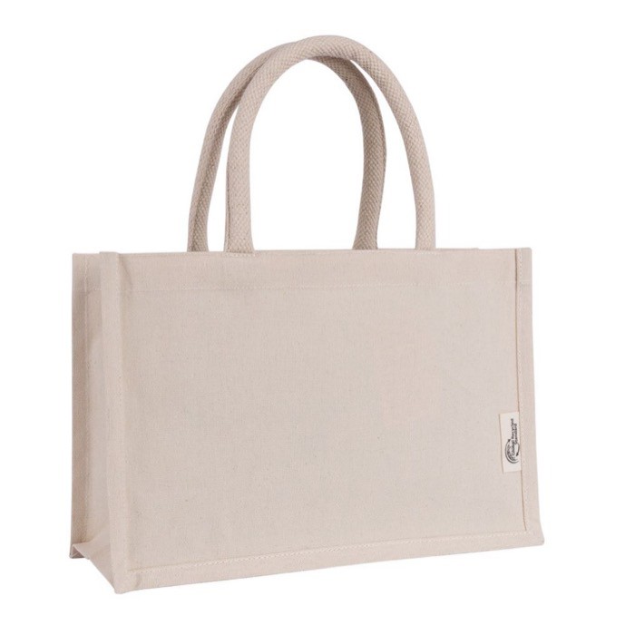 Bolsa pequeña de algodón reciclado para personalizar con asa corta color natural segunda vista Bolsa pequeña de algodón reciclado para personalizar con asa corta color natural segunda vista